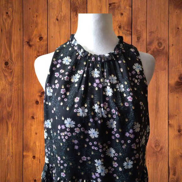 LOFT Size MP Medium Petite Black Sleeveless Floral Ruffle Accent Keyhole Blouse - Picture 4 of 8